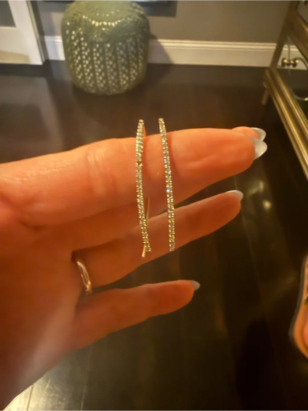14K Gold Genuine Diamond Curved Threader Drop Earrings – Approx. 2”